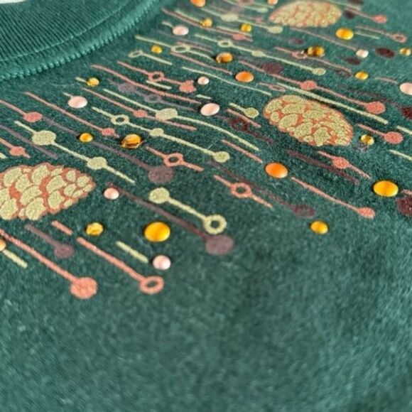 Morning Sun Sweatshirt Womens Medium Layered Collar Dark green Ivory Pinecone - Picture 2 of 11